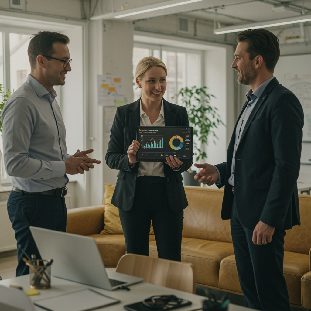 imagen1 1 "Entrenadora corporativa femenina sonriente con profesionales en oficina moderna, mostrando gráficos de rendimiento en tablet, simbolizando soluciones de capacitación personalizadas y crecimiento profesional."