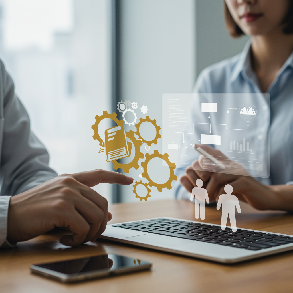 imagen1 "Ilustración abstracta decorativa para formación corporativa, con engranajes entrelazados, íconos de libros estilizados y tabletas digitales, en un estilo vectorial moderno y equilibrado."