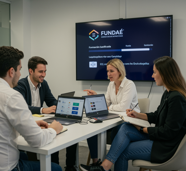imagen2 "Grupo de empleados en un espacio de coworking moderno participando en formación bonificada, con laptops y el logo de FUNDAE en pantalla."