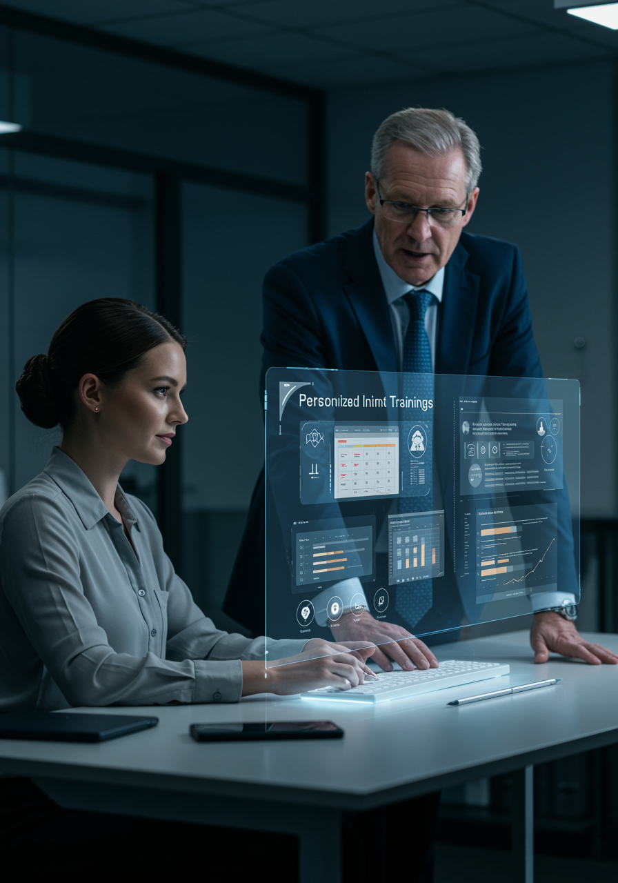 imagen3 1 "Entrenamiento personalizado en un entorno moderno: empleado y mentor colaboran con herramientas holográficas para programas de aprendizaje corporativo adaptados."