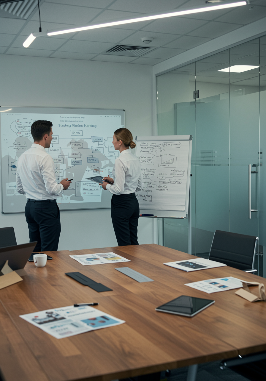 imagen3 3 "Consultores de negocios blancos en una reunión de planificación estratégica en un espacio moderno, rodeados de documentos y tecnología para optimizar la formación empresarial."