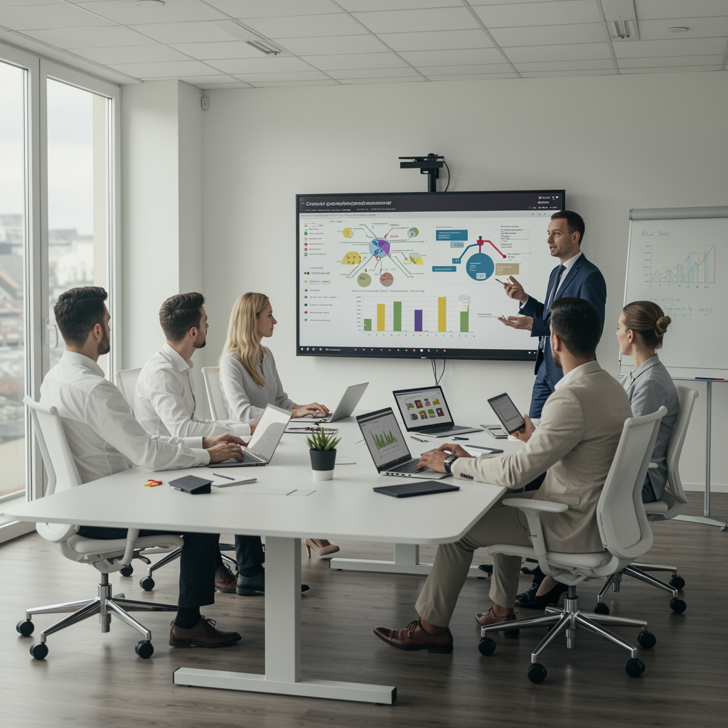 imagen5 1 "Ambiente de capacitación corporativa con profesionales en una oficina minimalista, presentaciones interactivas y uso de tecnología para el aprendizaje estratégico."