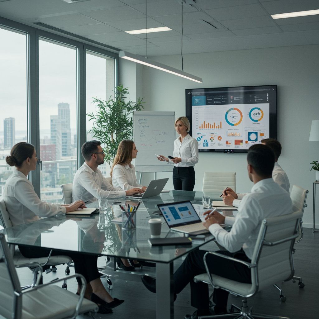 imagen5 3 "Grupo de profesionales blancos en una sesión de formación corporativa en una moderna sala de conferencias, con un enfoque en el desarrollo de recursos humanos y la optimización de la gestión."