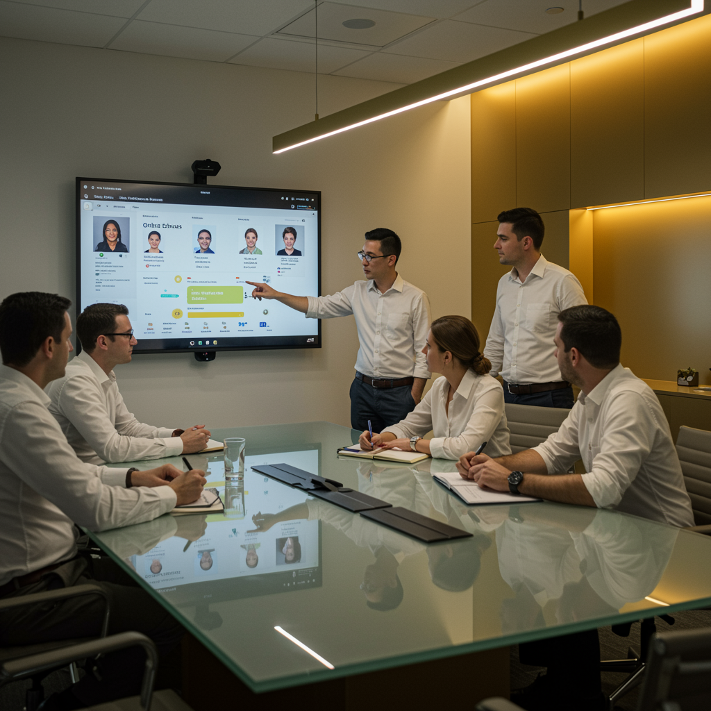 imagen5 4 "Grupo de profesionales corporativos colaborando en una sala de capacitación moderna con pantalla táctil, destacando soluciones de aprendizaje integrado y desarrollo profesional."