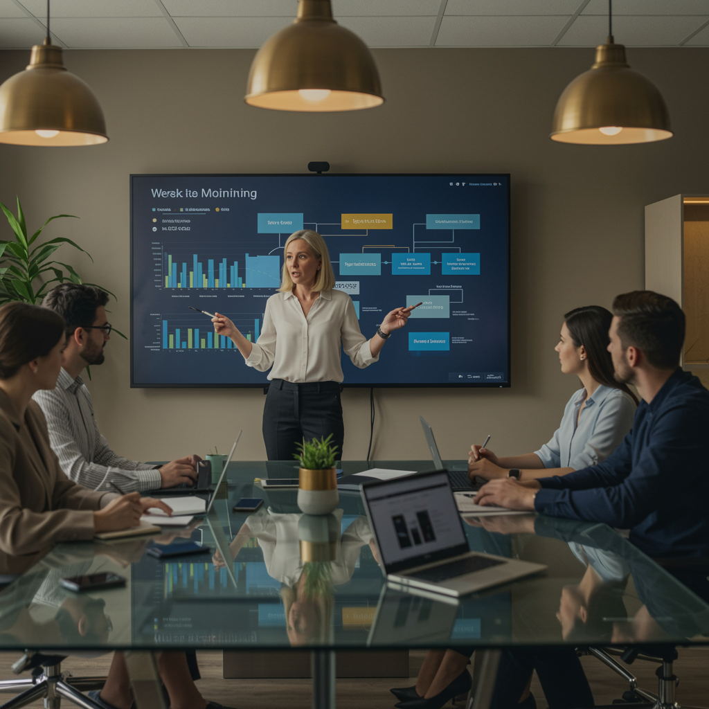 imagen5 "Consultora de formación femenina presenta gráficos interactivos en una sala de reuniones moderna, mientras empleados toman notas en laptops, destacando un ambiente profesional y acogedor."