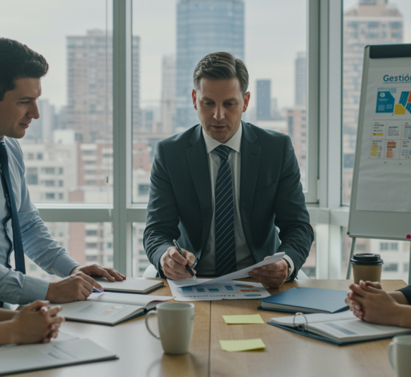 slider "Imagen de una sala de conferencias iluminada donde un entrenador revisa un plan de formación con empleados, reflejando gestión de formación efectiva y aprendizaje personalizado."